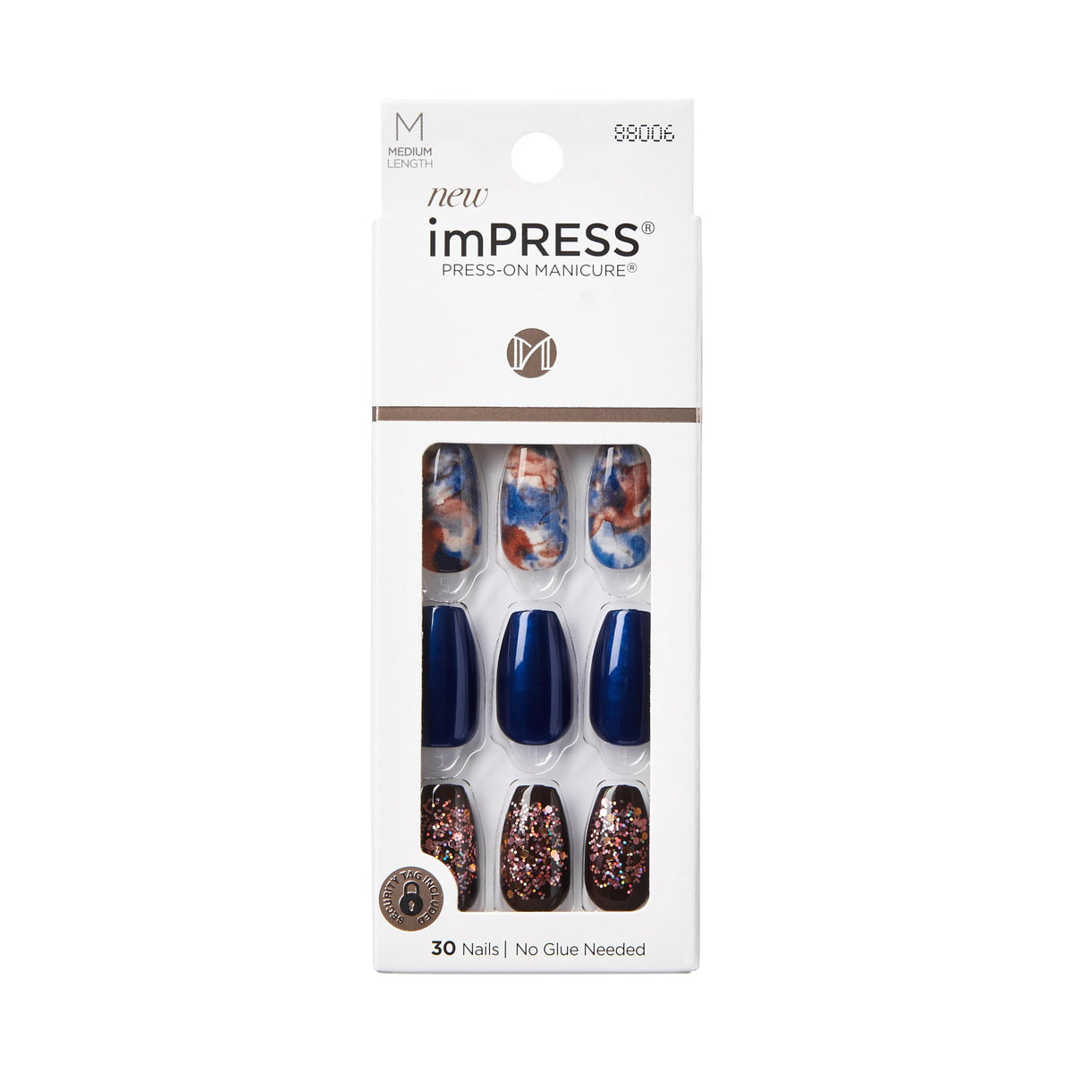 Ongles imPRESS Indigo Automne avec motif dentelle, élégant et durable pour tous les jours.