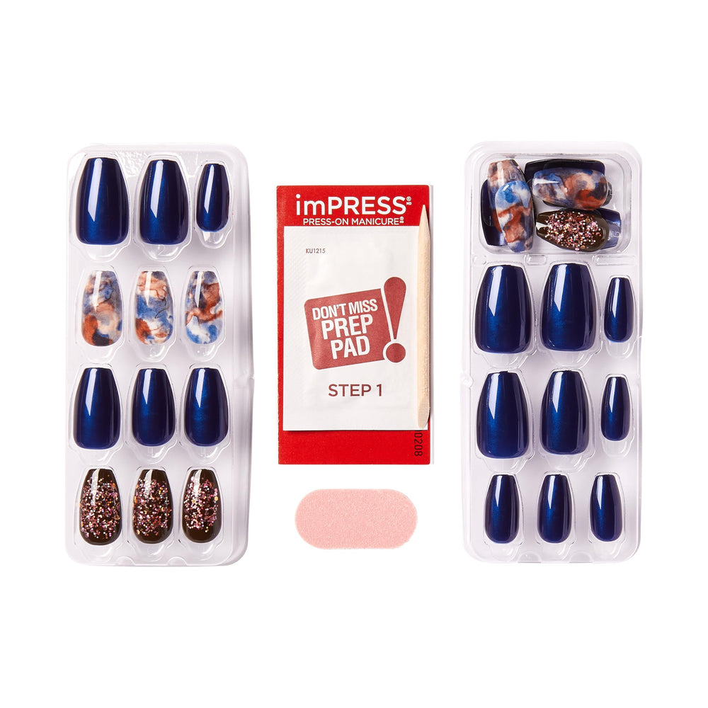 Ongles imPRESS Indigo Automne, motif pierre: style sophistiqué et facile à retirer.