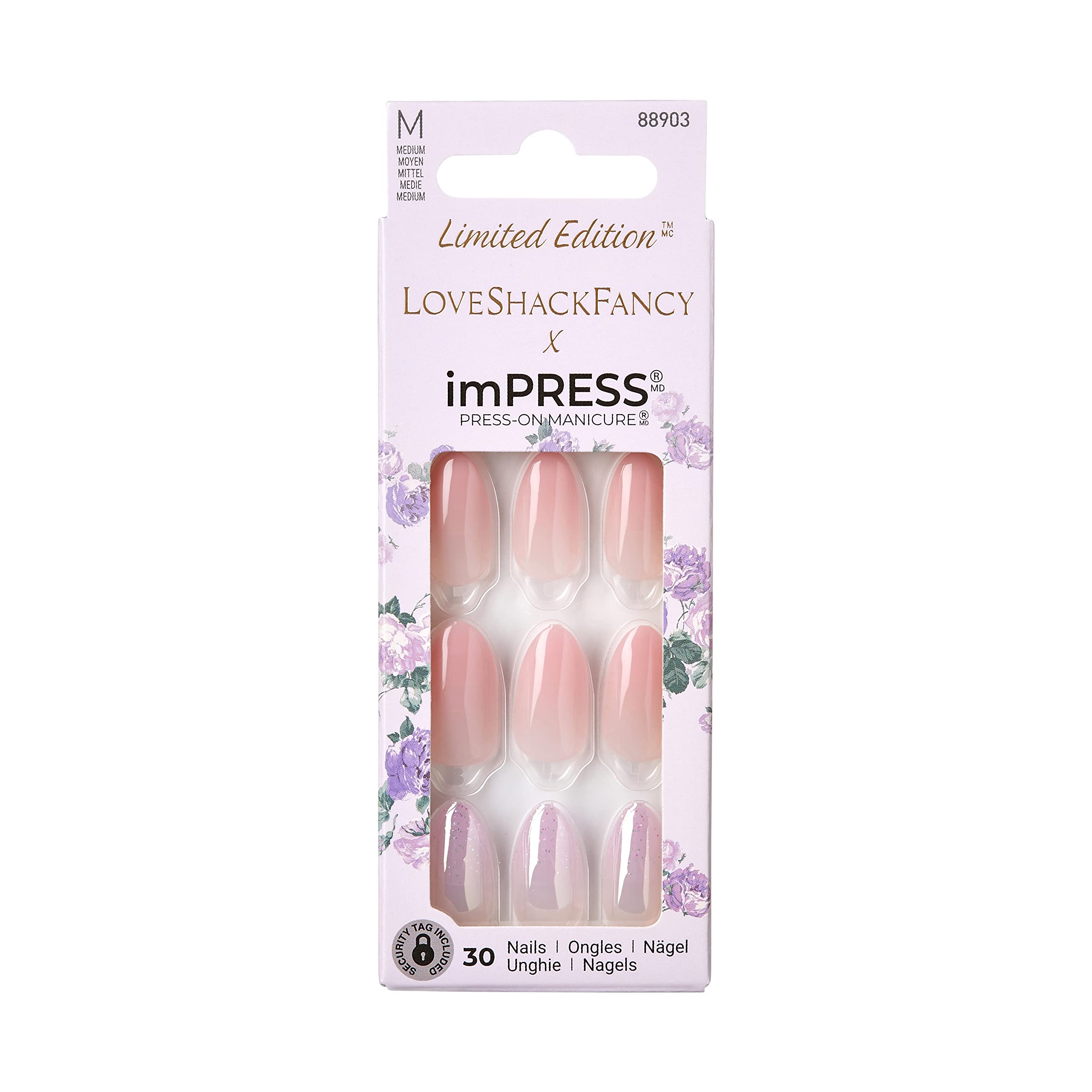 ImPRESS LoveShackFancy design d ongles Blush Lavande, look romantique et tenue longue