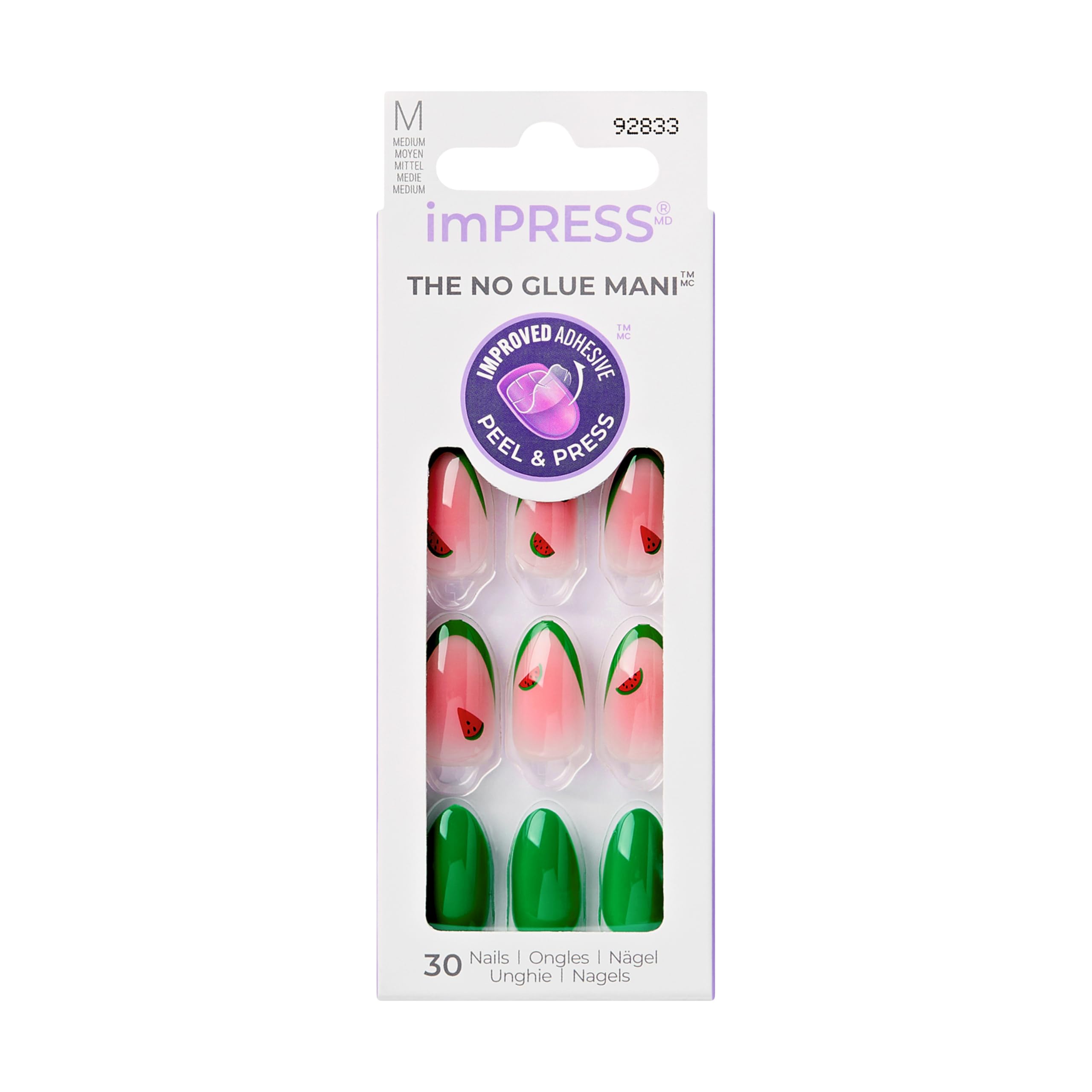 Ongles adhésifs ImPRESS, motif pastèque à pointe verte, port quotidien sans effort.