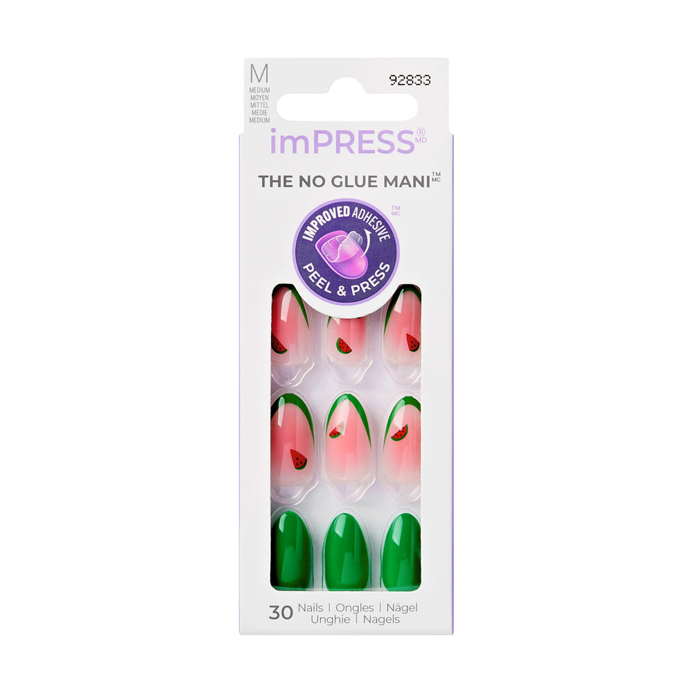 Ongles adhésifs ImPRESS, motif pastèque à pointe verte, port quotidien sans effort.