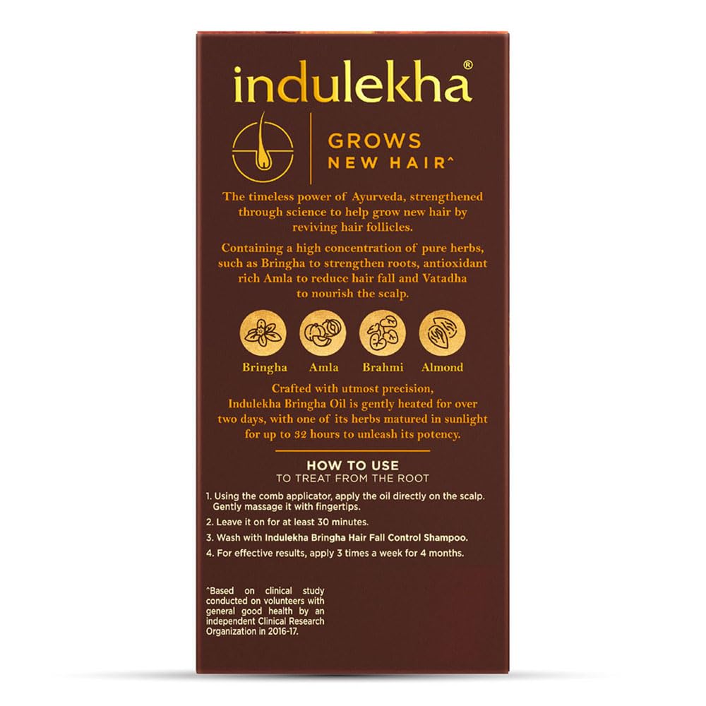 INDULEKHA Bringha Oil – ingrédients naturels aloès, neem et amla pour revitaliser les cheveux.