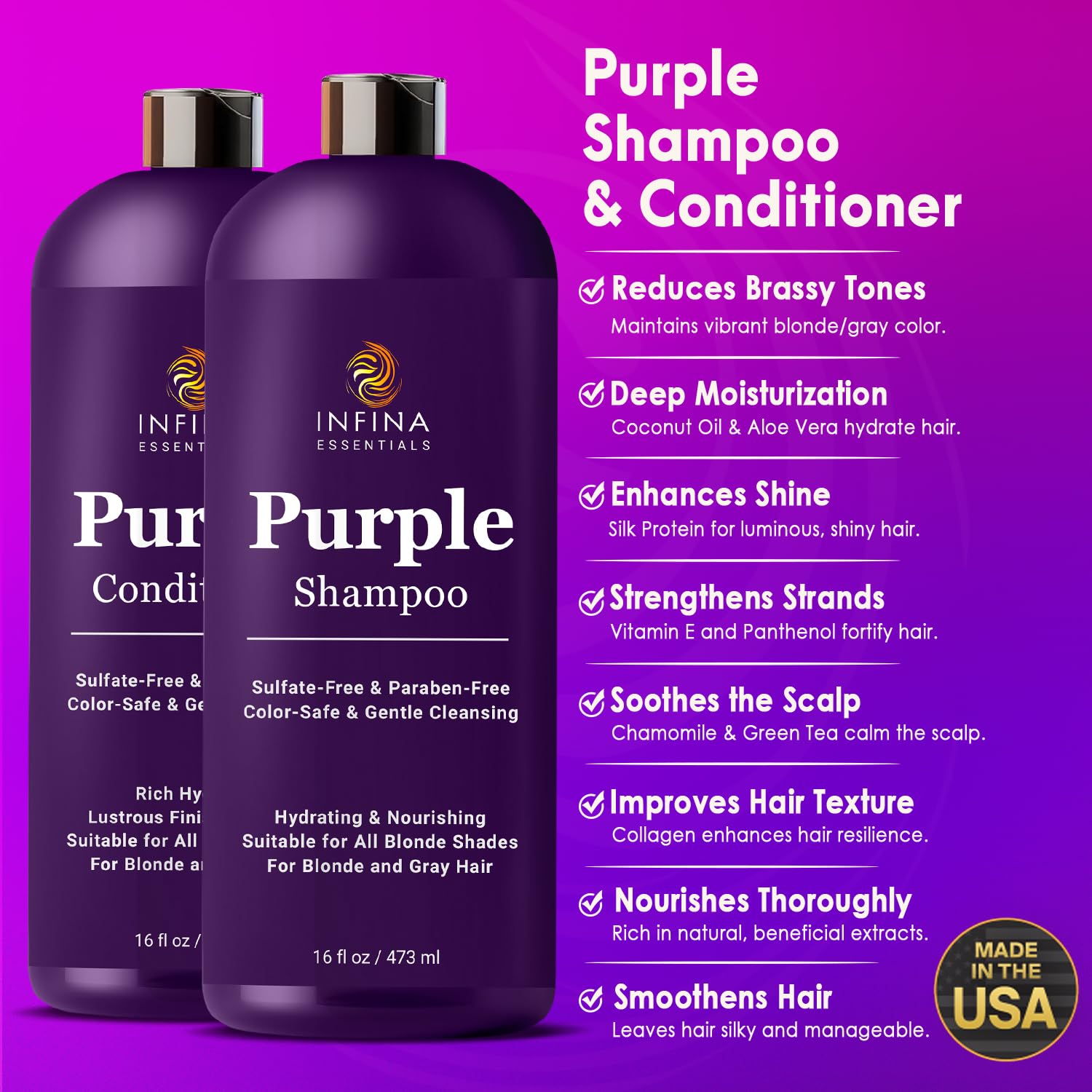 INFINA ESSENTIALS Après-shampoing Violet, bouteille, hydrate et sublime les cheveux colorés.
