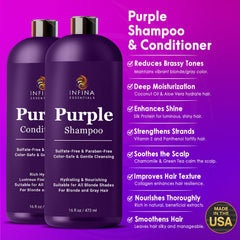 INFINA ESSENTIALS Après-shampoing Violet, bouteille, hydrate et sublime les cheveux colorés.