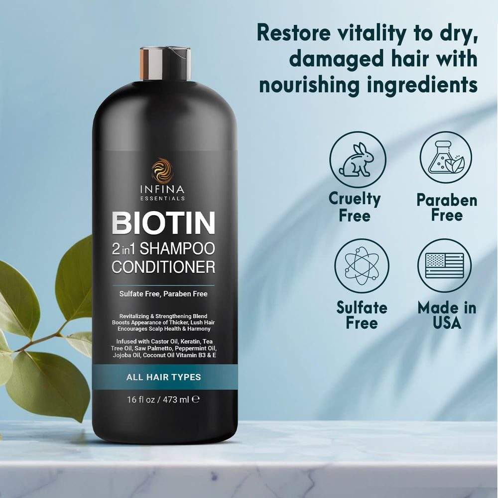 INFINA ESSENTIALS Biotine 2-en-1: ingrédients arbre à thé et menthe visibles.