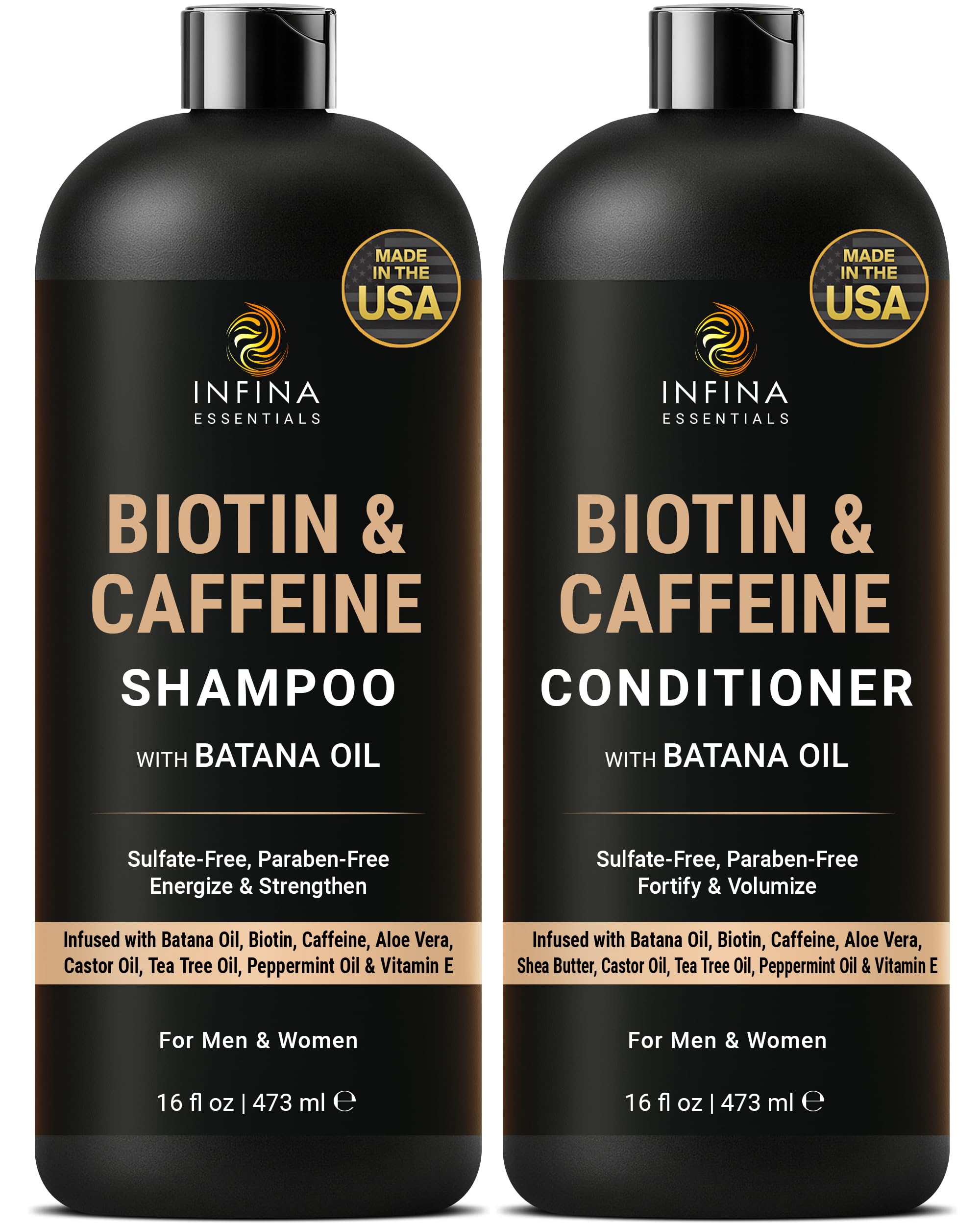 INFINA ESSENTIALS Shampoing Caféine Biotine, bouteille visible, soutien potentiel à la croissance des cheveux