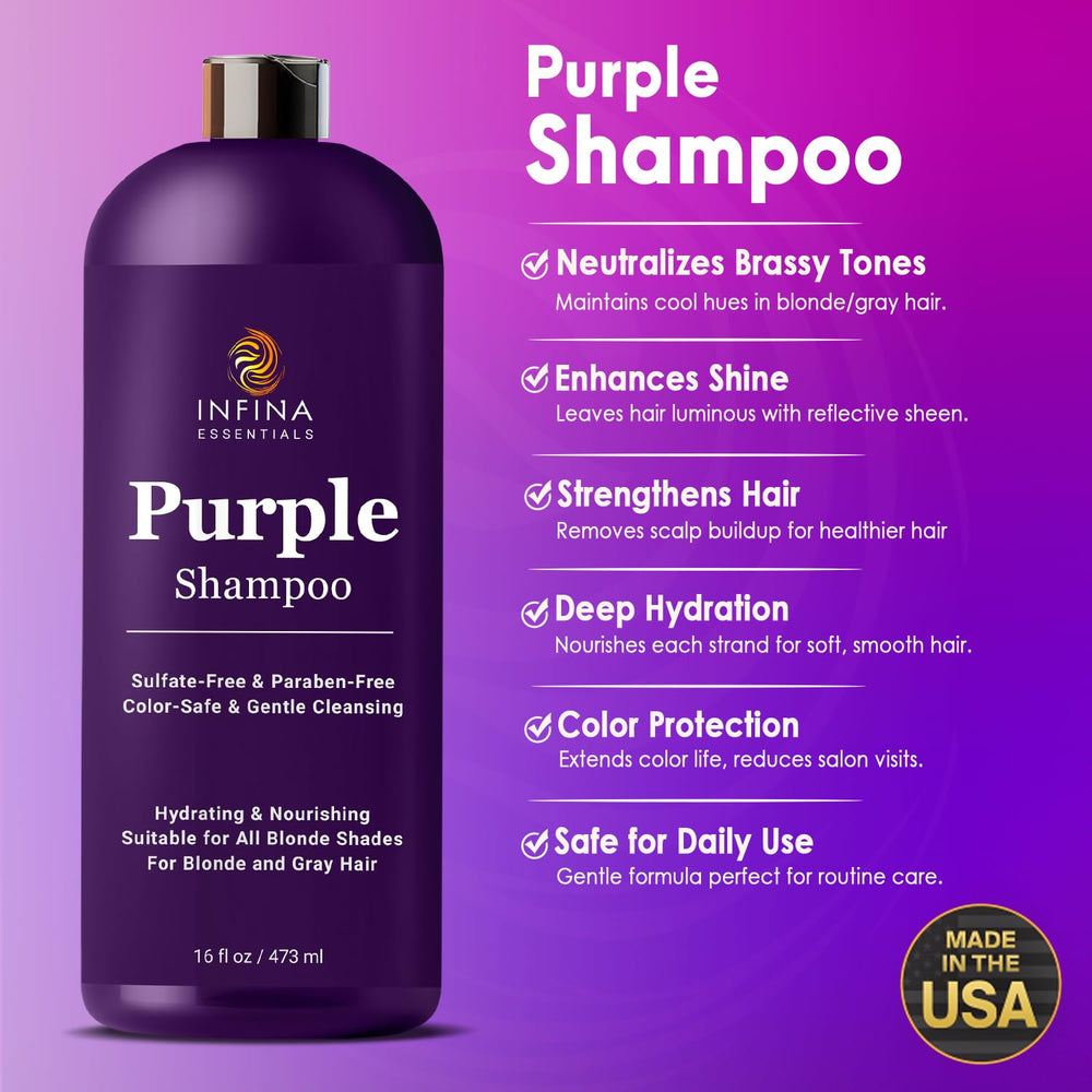 INFINA ESSENTIALS Shampoing violet, application sur cheveux gris, ravive les tons argentés