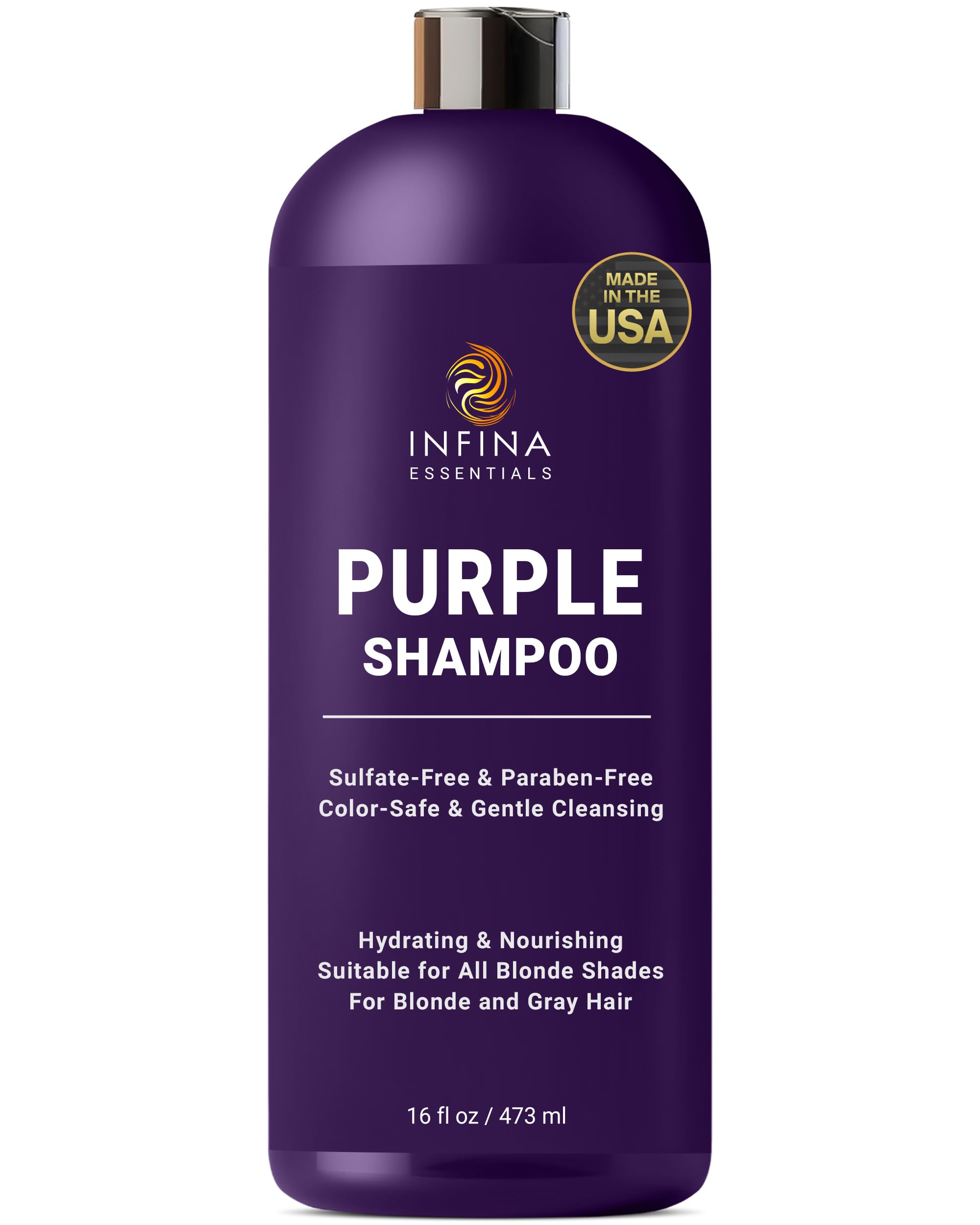 INFINA ESSENTIALS Shampoing violet, bouteille, neutralise les reflets jaunes pour blondes