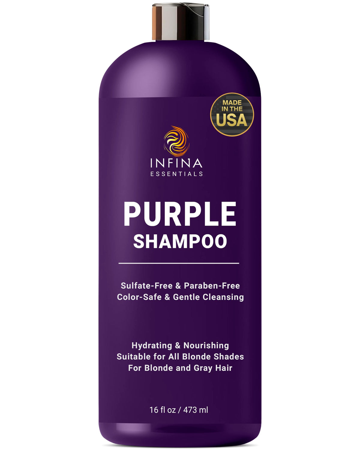 INFINA ESSENTIALS Shampoing violet, bouteille, neutralise les reflets jaunes pour blondes