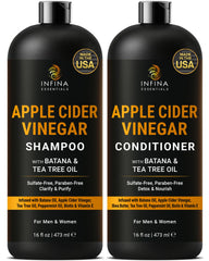 INFINA ESSENTIALS Shampoing ACV clarifiant, bouteille visible apportant clarté du cuir chevelu et brillance naturelle.