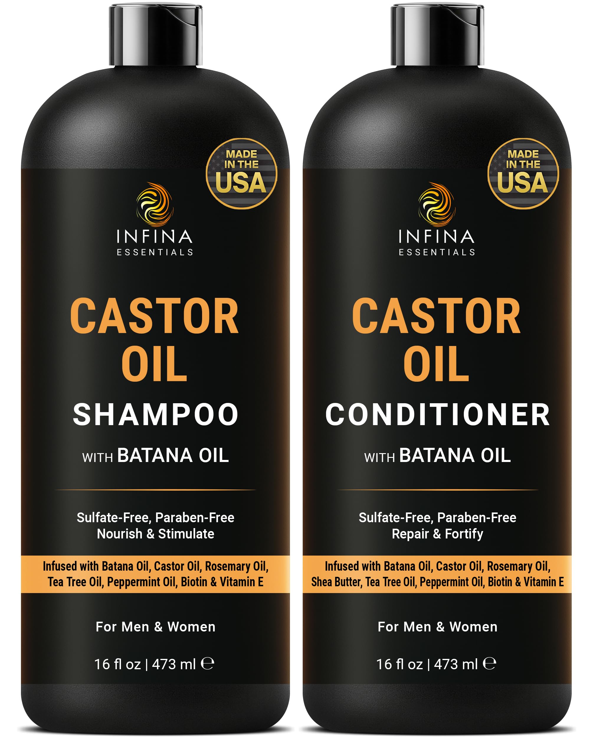 Infina Essentials shampooing castor: bouteille élégante et cheveux plus forts et hydratés.