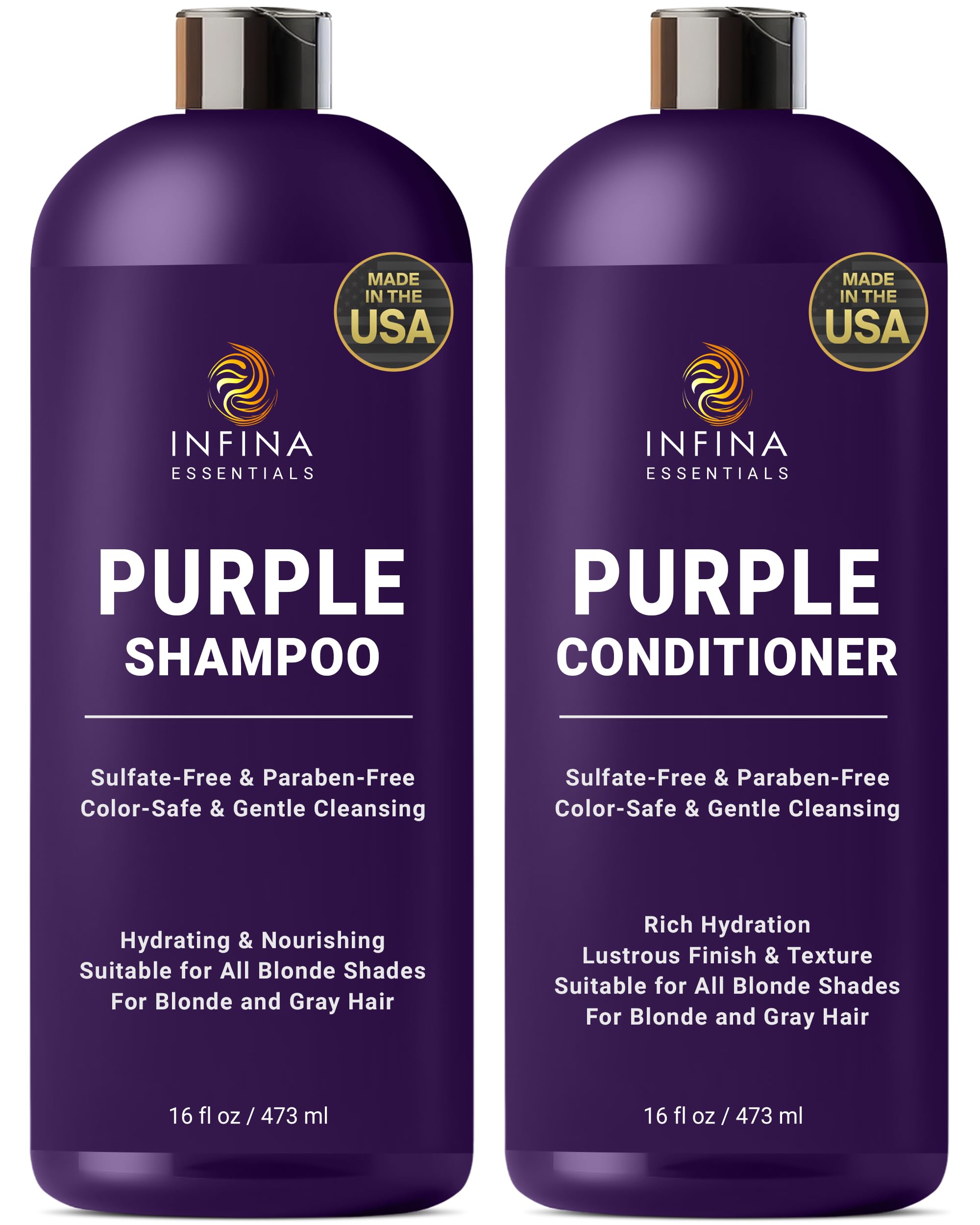 INFINA ESSENTIALS Shampoing Violet, bouteille, neutralise les reflets jaunes sur blond et gris.