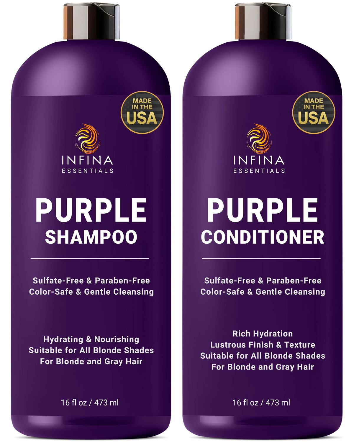 INFINA ESSENTIALS Shampoing Violet, bouteille, neutralise les reflets jaunes sur blond et gris.