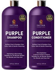 INFINA ESSENTIALS Shampoing Violet, bouteille, neutralise les reflets jaunes sur blond et gris.