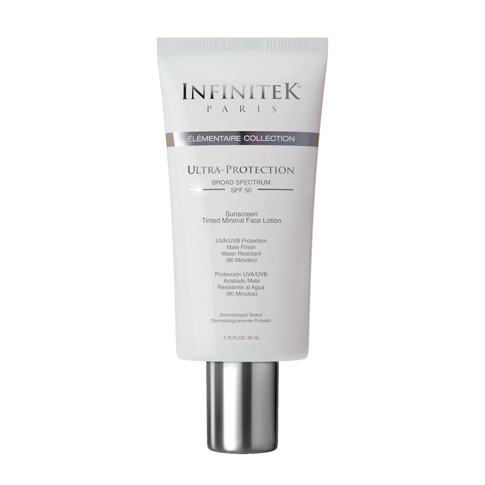 Infinitek Paris flacon ecran solaire visage SPF50 pour protection quotidienne.