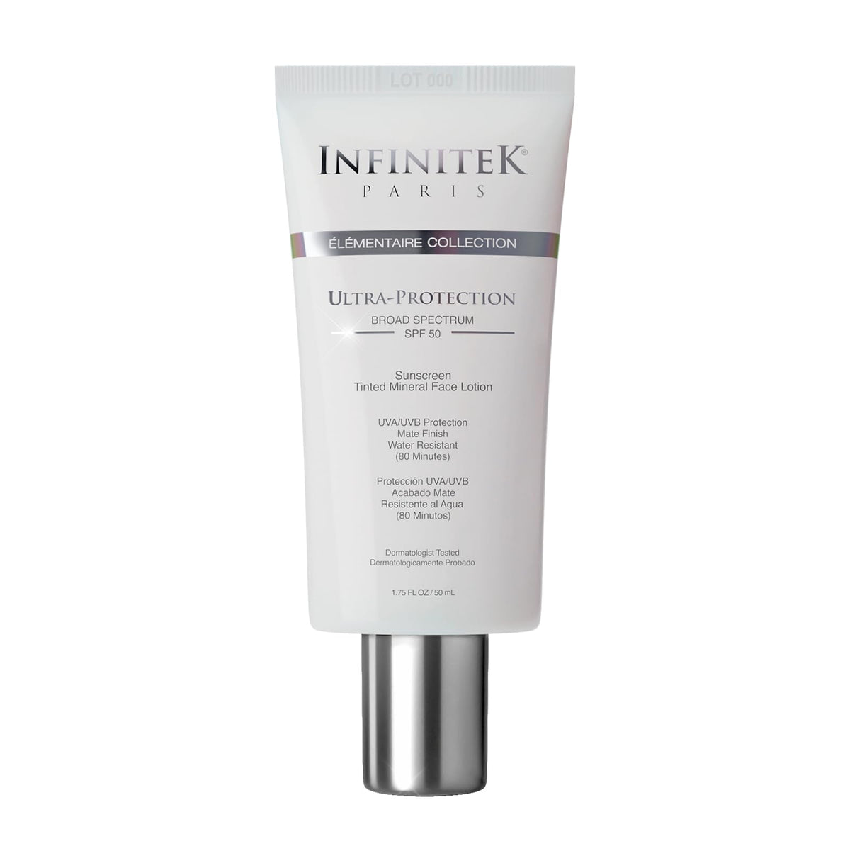 Infinitek Paris flacon ecran solaire visage SPF50 pour protection quotidienne.