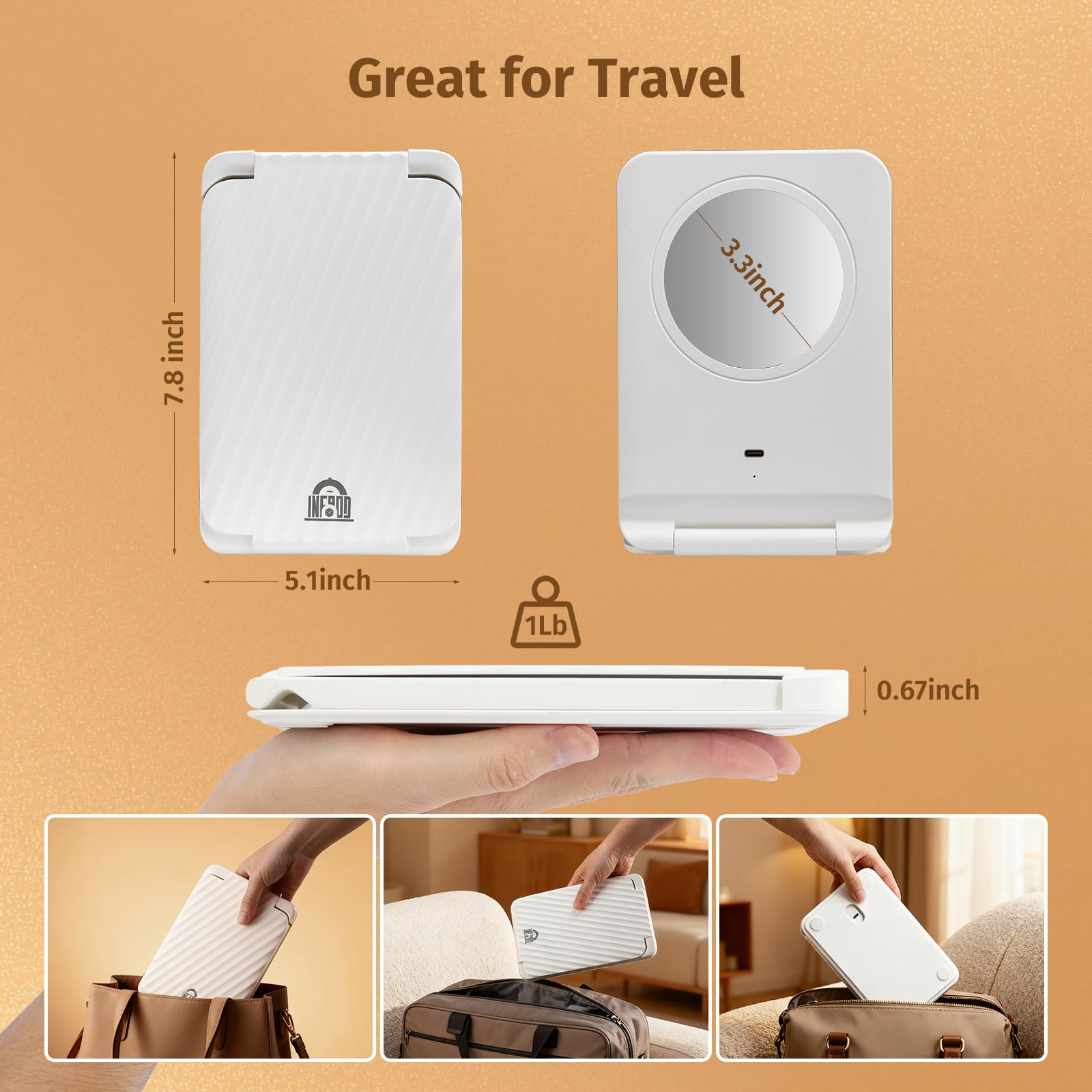 INFOOD miroir design compact avec support intégré pour bureau ou table