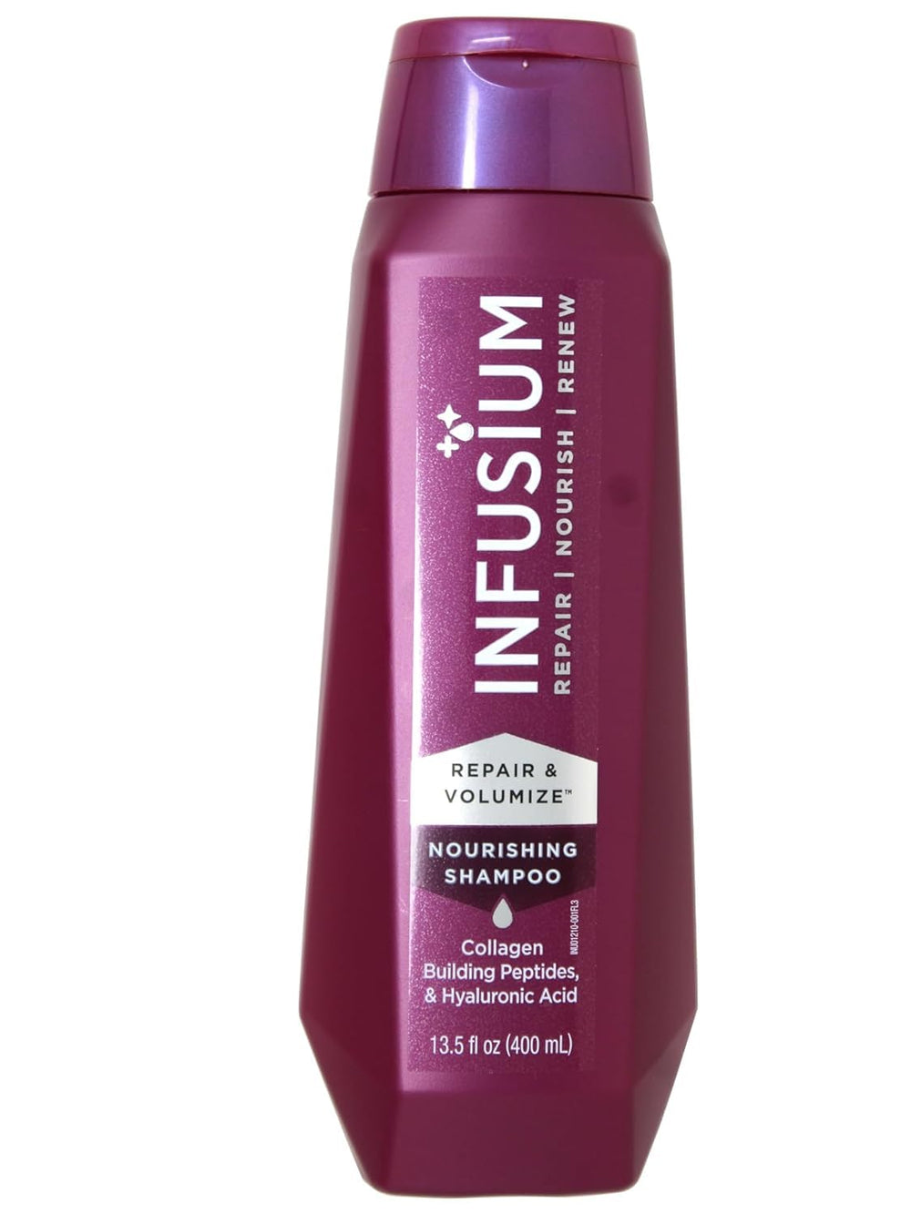 Infusium Repair et Volumize Shampoo, bouteille élégante clarifie et renforce les cheveux.