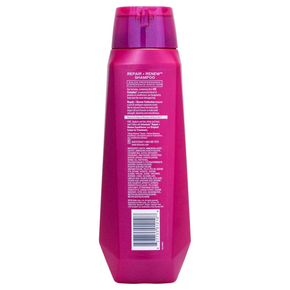 Infusium Repair et Volumize Shampoo, texture crèmeuse, favorise hydratation et volume.