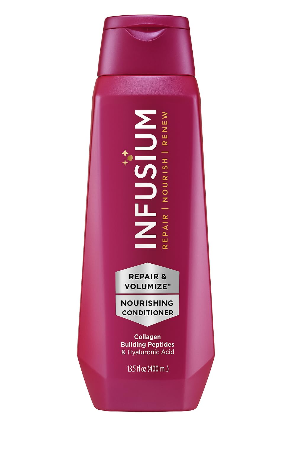 Infusium Repair et Volumize : bouteille élégante prête à l'application pour cheveux plus volumineux.