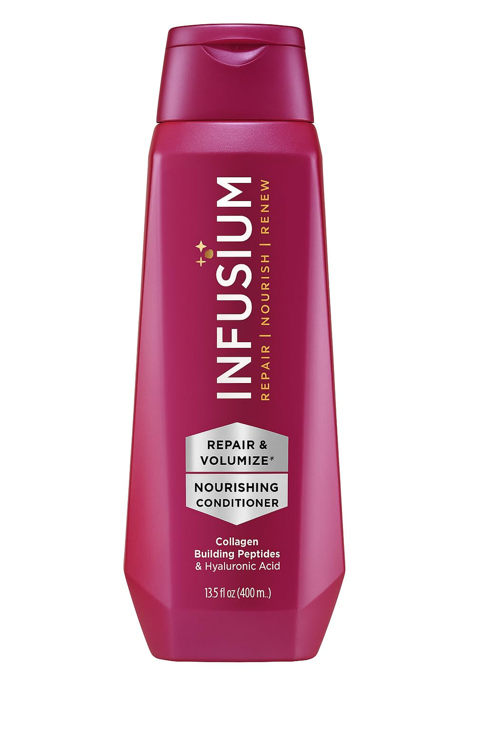 Infusium Repair et Volumize : bouteille élégante prête à l'application pour cheveux plus volumineux.
