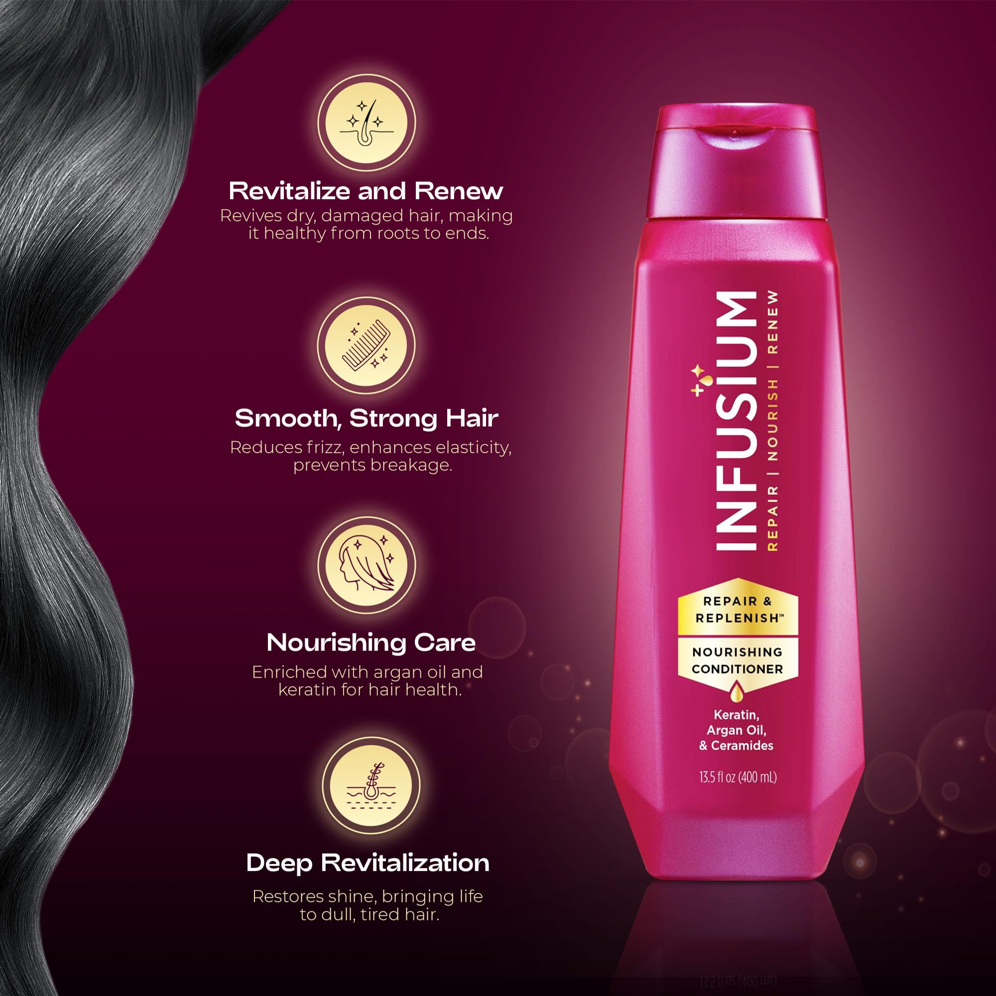 Infusium Repair et Volumize : application sur cheveux pour plus de corps sans lourdeur.