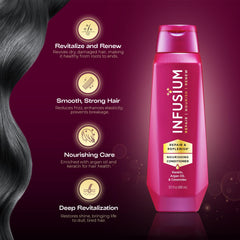 Infusium Repair et Volumize : application sur cheveux pour plus de corps sans lourdeur.