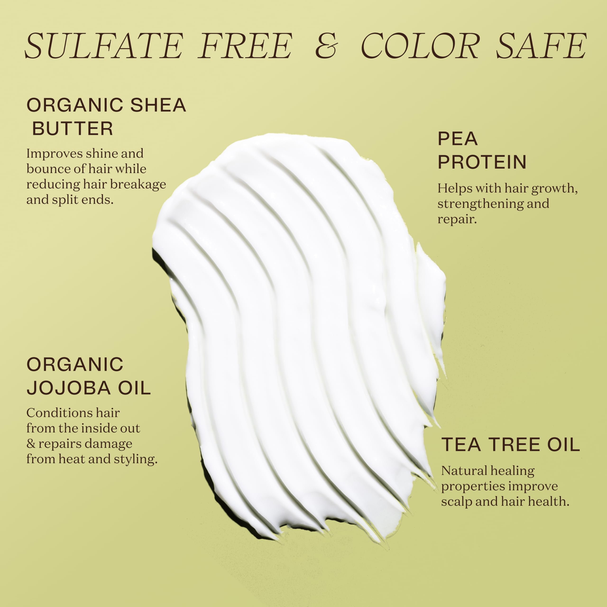 Ingreendients Après-Shampoing Arbre à Thé, texture crème hydratante facilitant le démêlage.