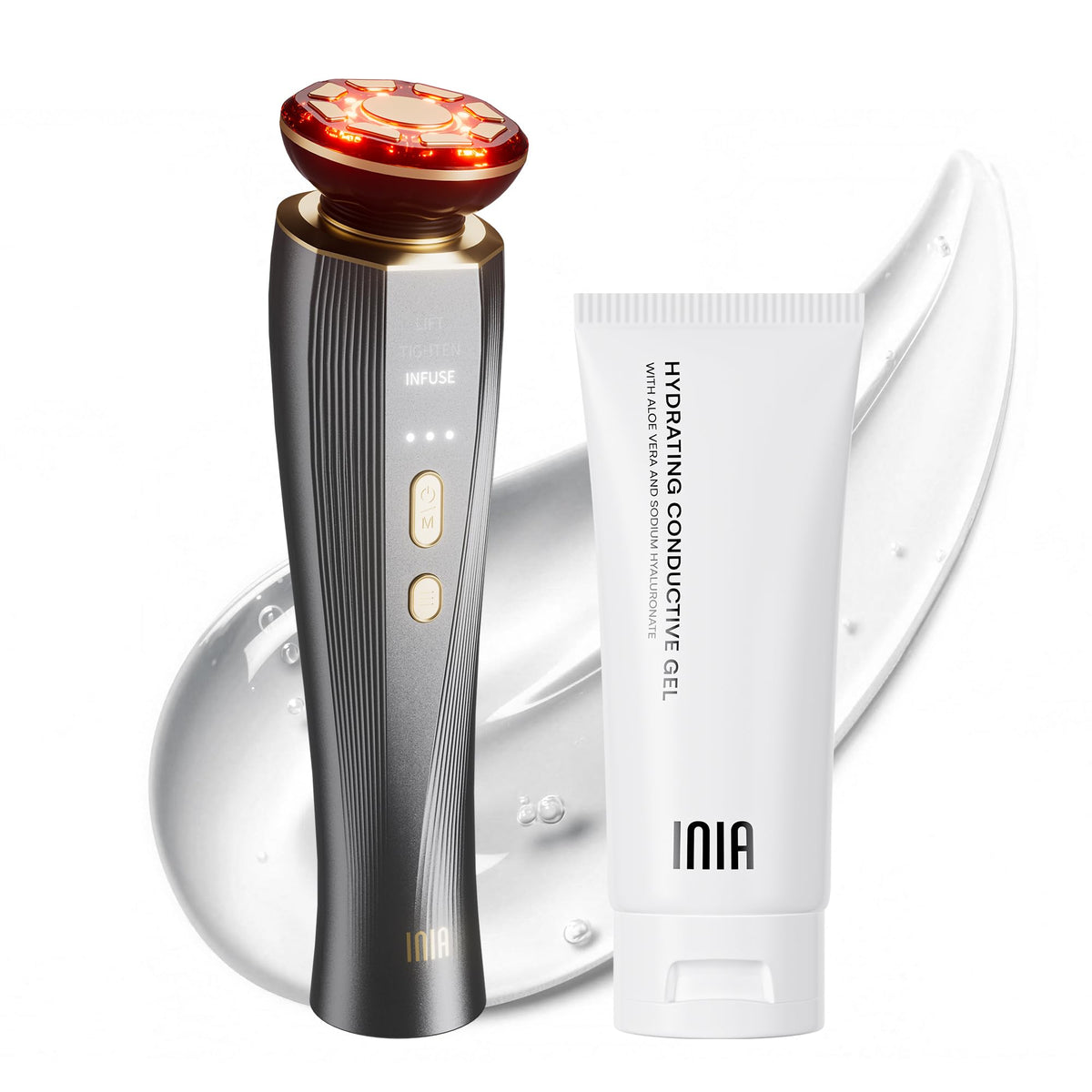 INIA appareil 3-en-1 tonifie le visage pour un contour plus ferme.