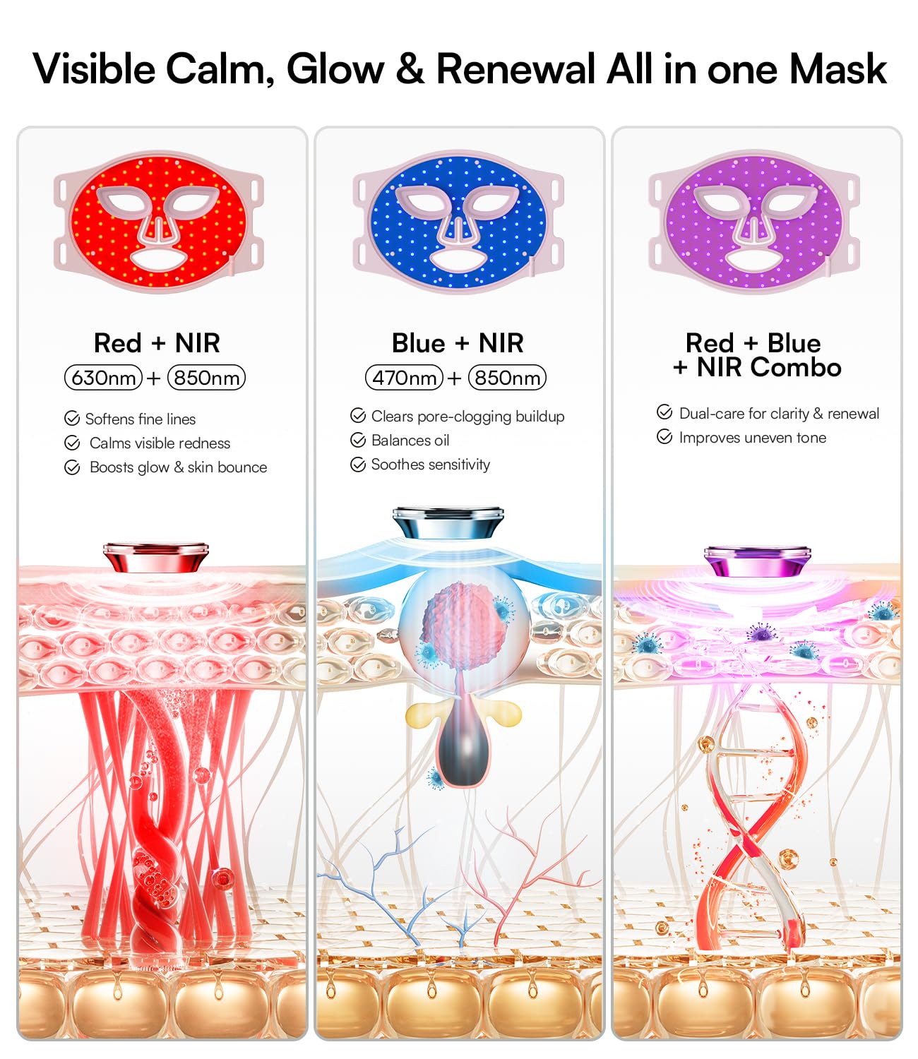 Masque INIA LED bleu sur le visage pour clarté.