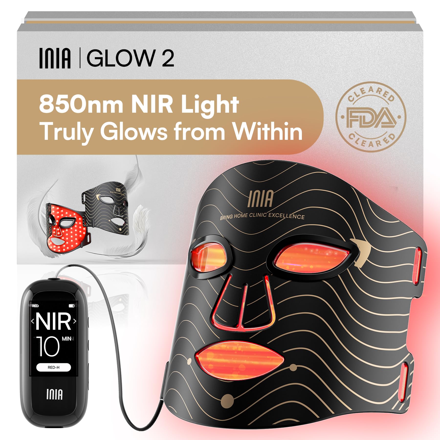 Masque INIA avec lumière rouge sur le visage pour revitaliser le teint.