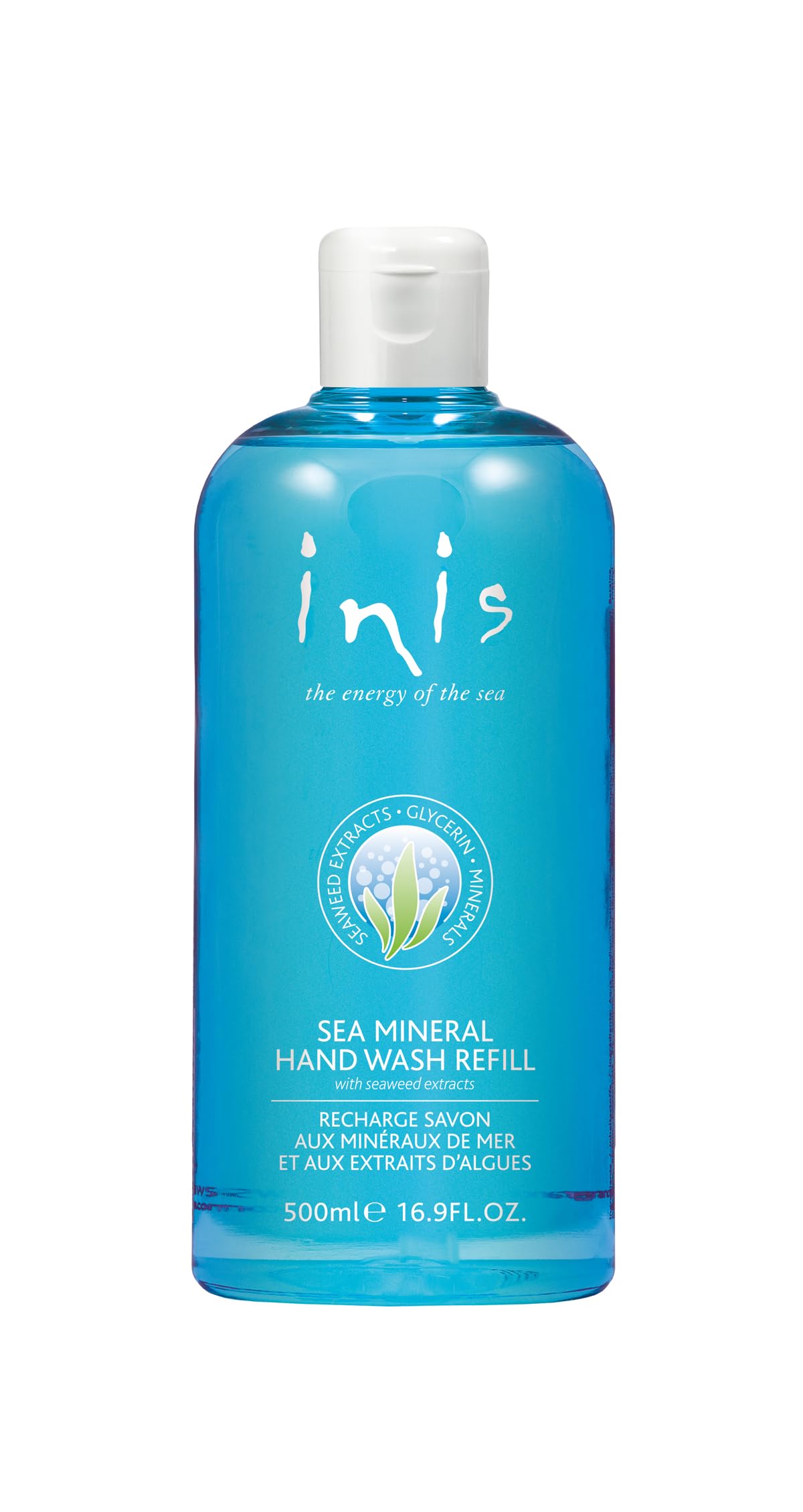Inis savon-mains-minéraux-marins remplissage pratique et économique pour votre salle de bains.