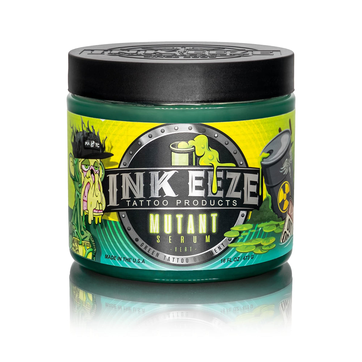 INK-EEZE Mutant Serum – bouteille verte prête à l'application post-tatouage.