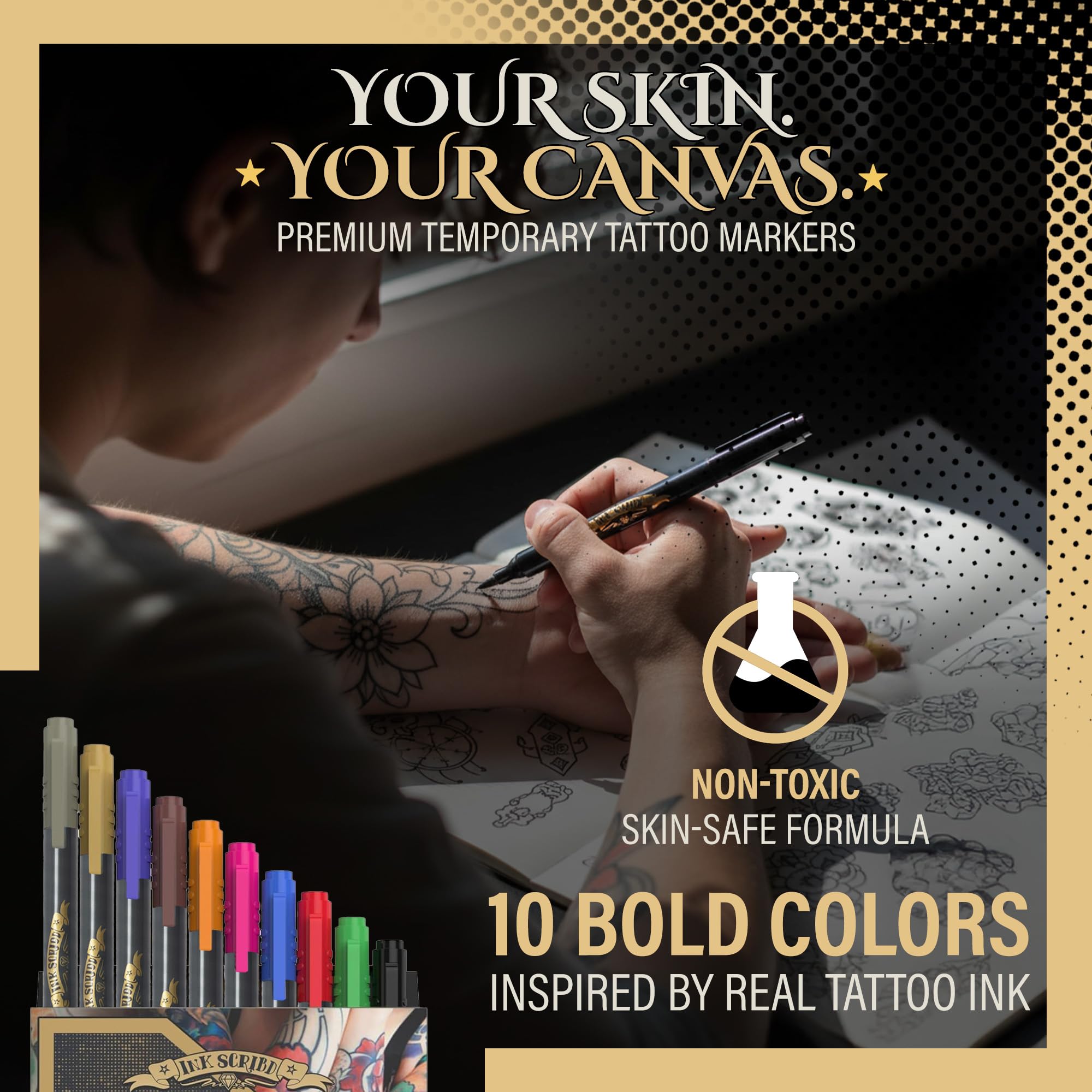 Palette de 10 couleurs vives pour des tatouages temporaires éclatants