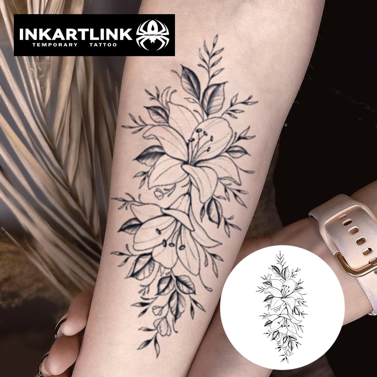 Application du tatouage INKARTLINK sur la peau, motif floral