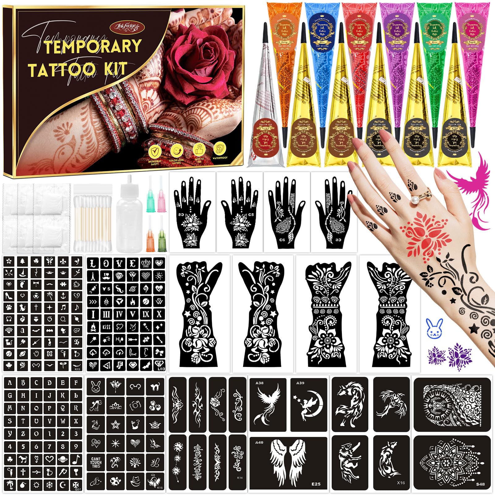 Kit InkForge complet pour tatouages temporaires, look personnalisable.