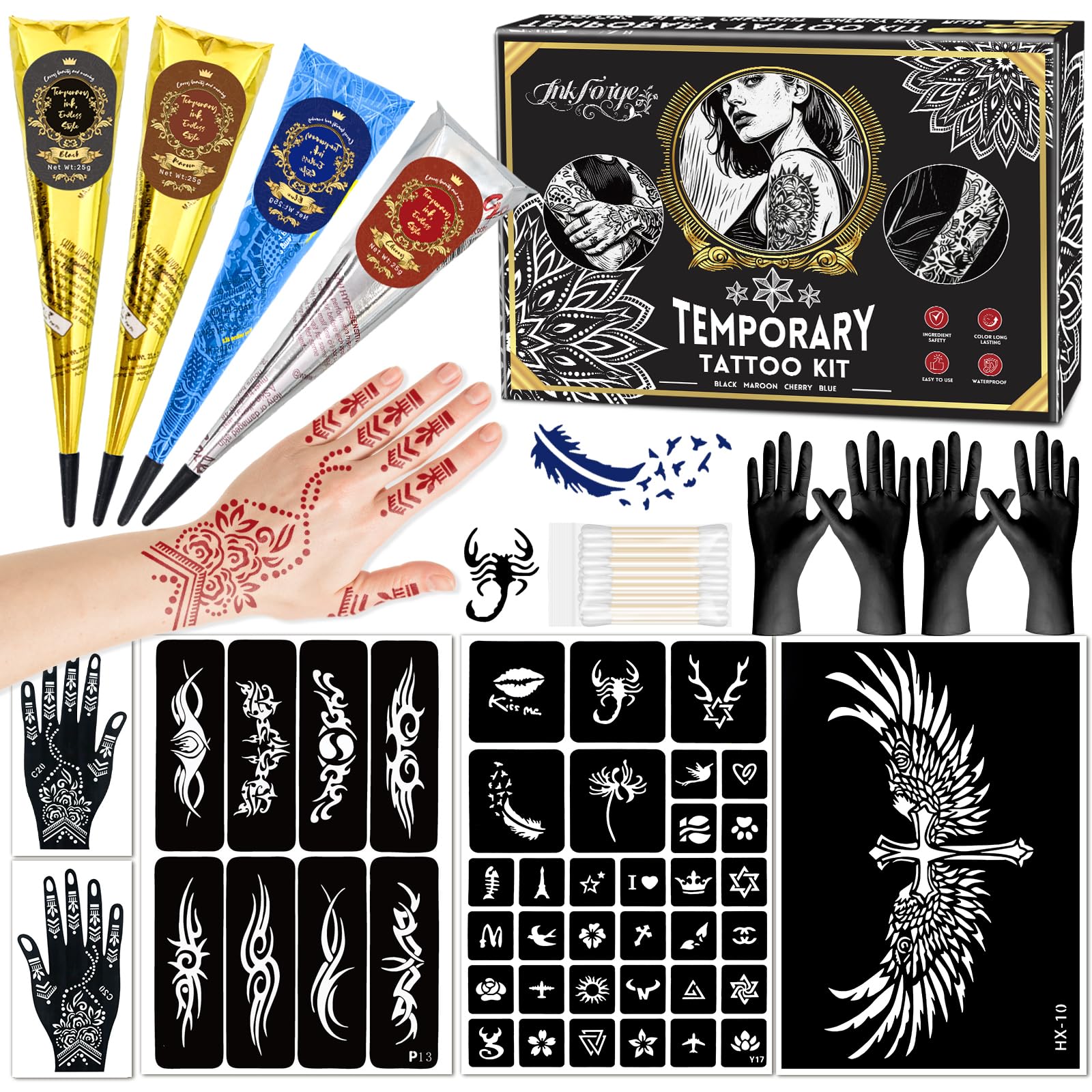 InkForge kit pochoirs tatouage temporaire pour designs variés et faciles
