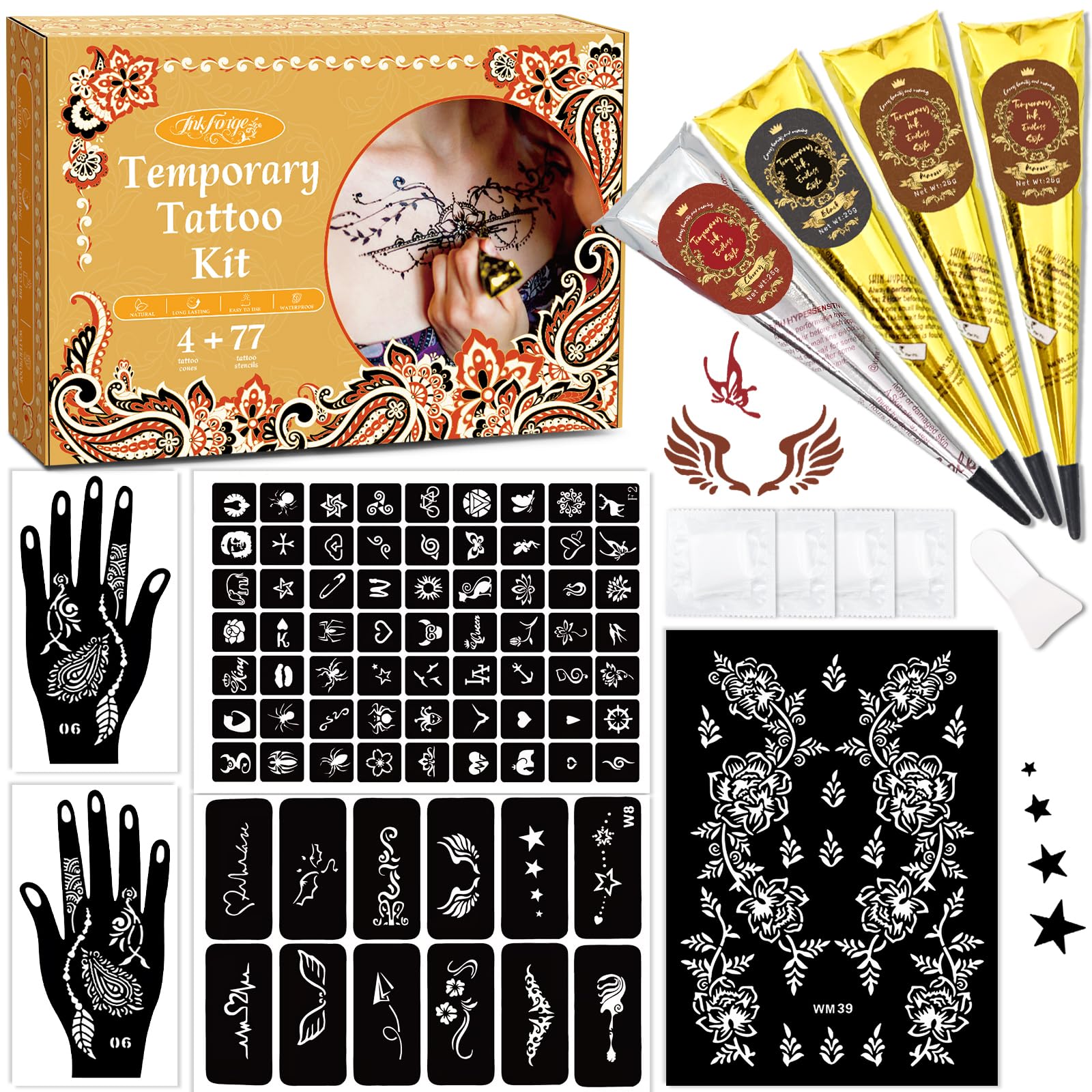 InkForge kit tatouages temporaires avec 77 motifs pour événements.