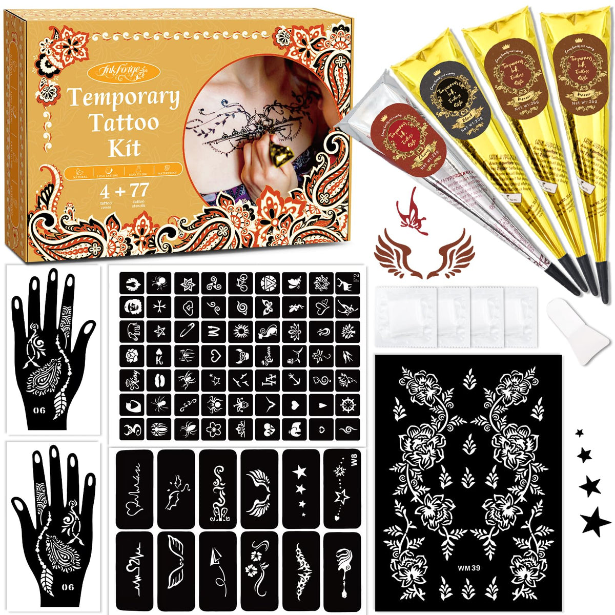 InkForge kit tatouages temporaires avec 77 motifs pour événements.