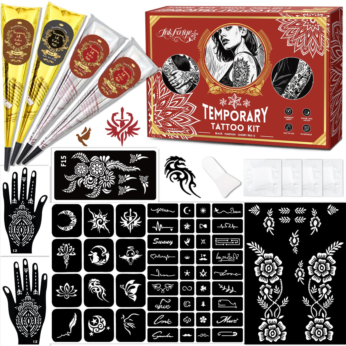 InkForge kit-tatouages-temporaire-ensemble: ensemble complet pour motifs personnalisés et application pratique.