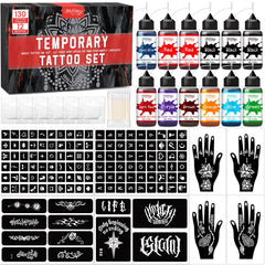 InkForge tatouage temporaire : bouteilles de couleurs éclatantes pour motifs durables.