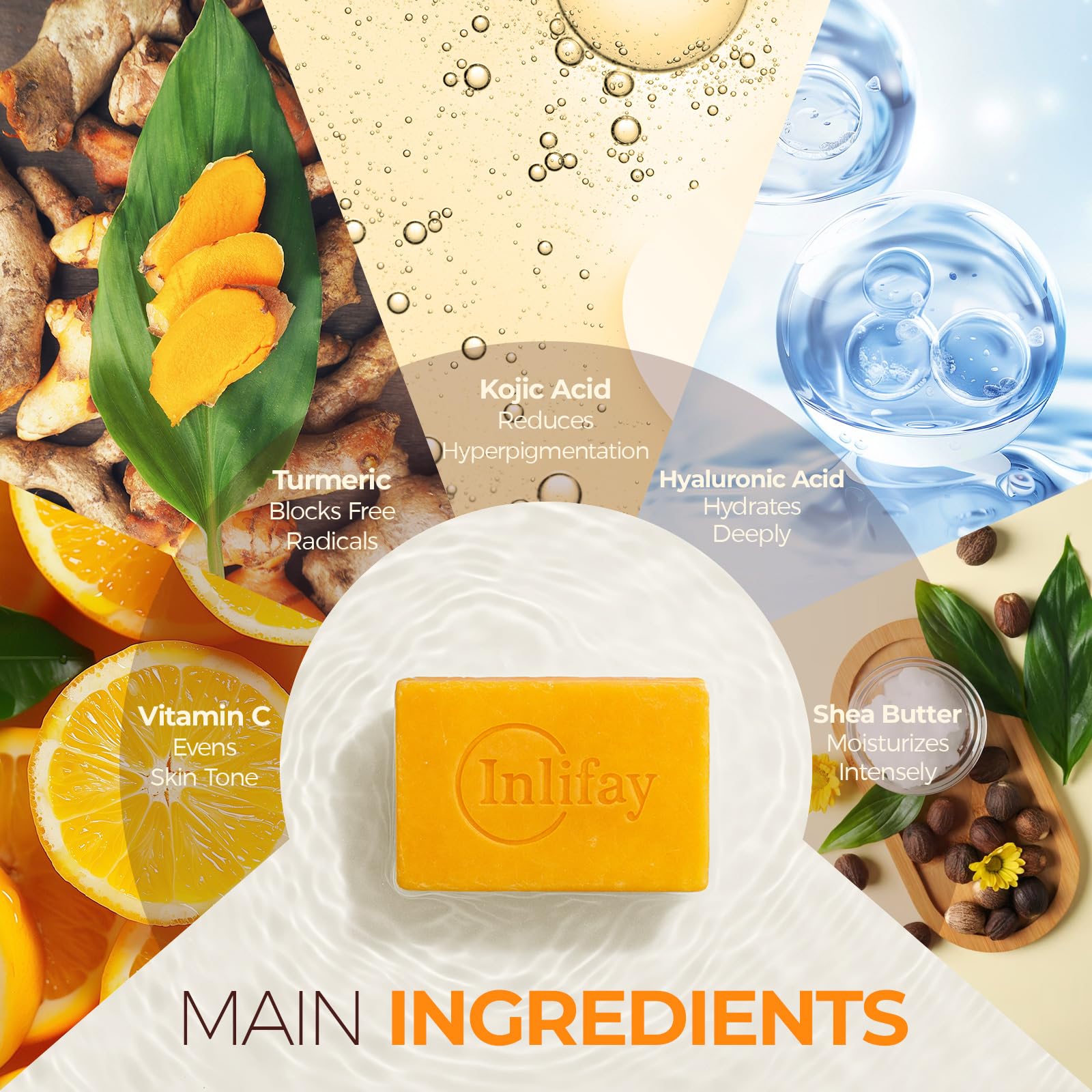 Inlifay Savon Curcuma Acide Kojique, texture douce pour visage et corps.