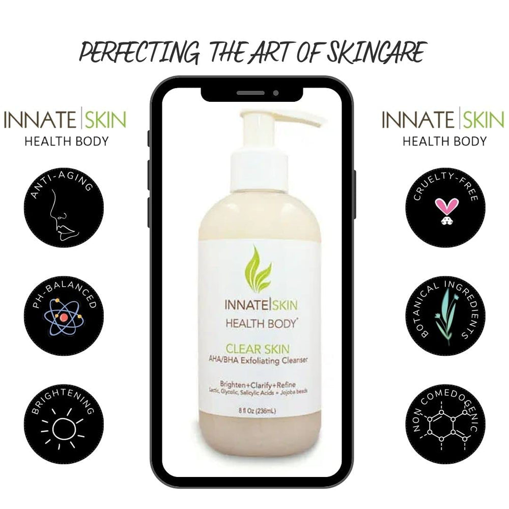 Innate Skin main appliquant le produit visage dans une routine simple.