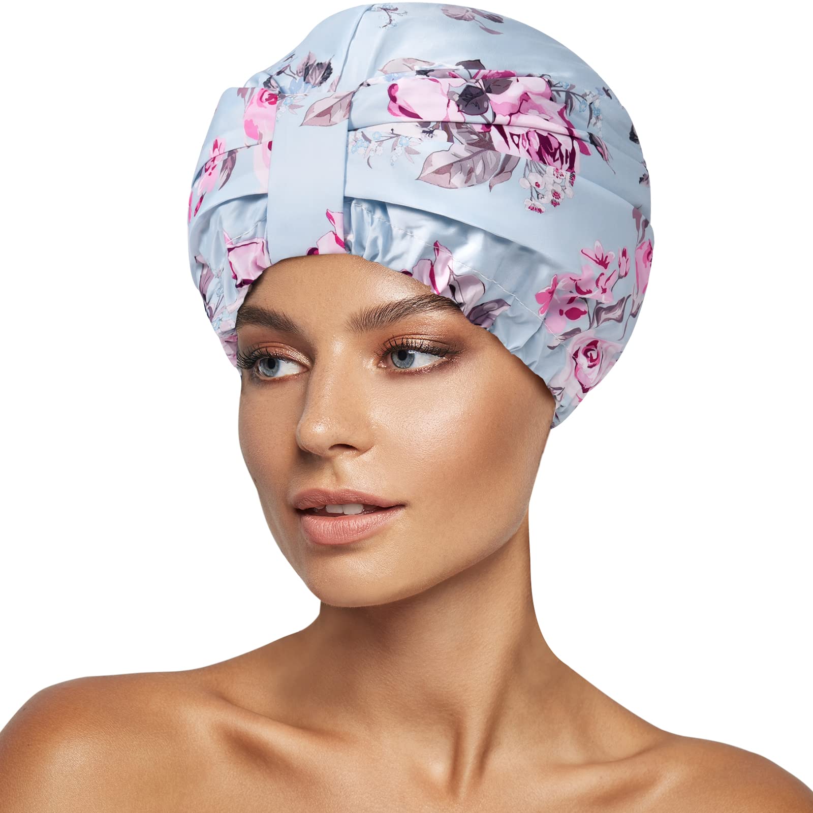 INNELO capuche douche luxe bleu-fleurs: aperçu élégant pour cheveux protégés et secs