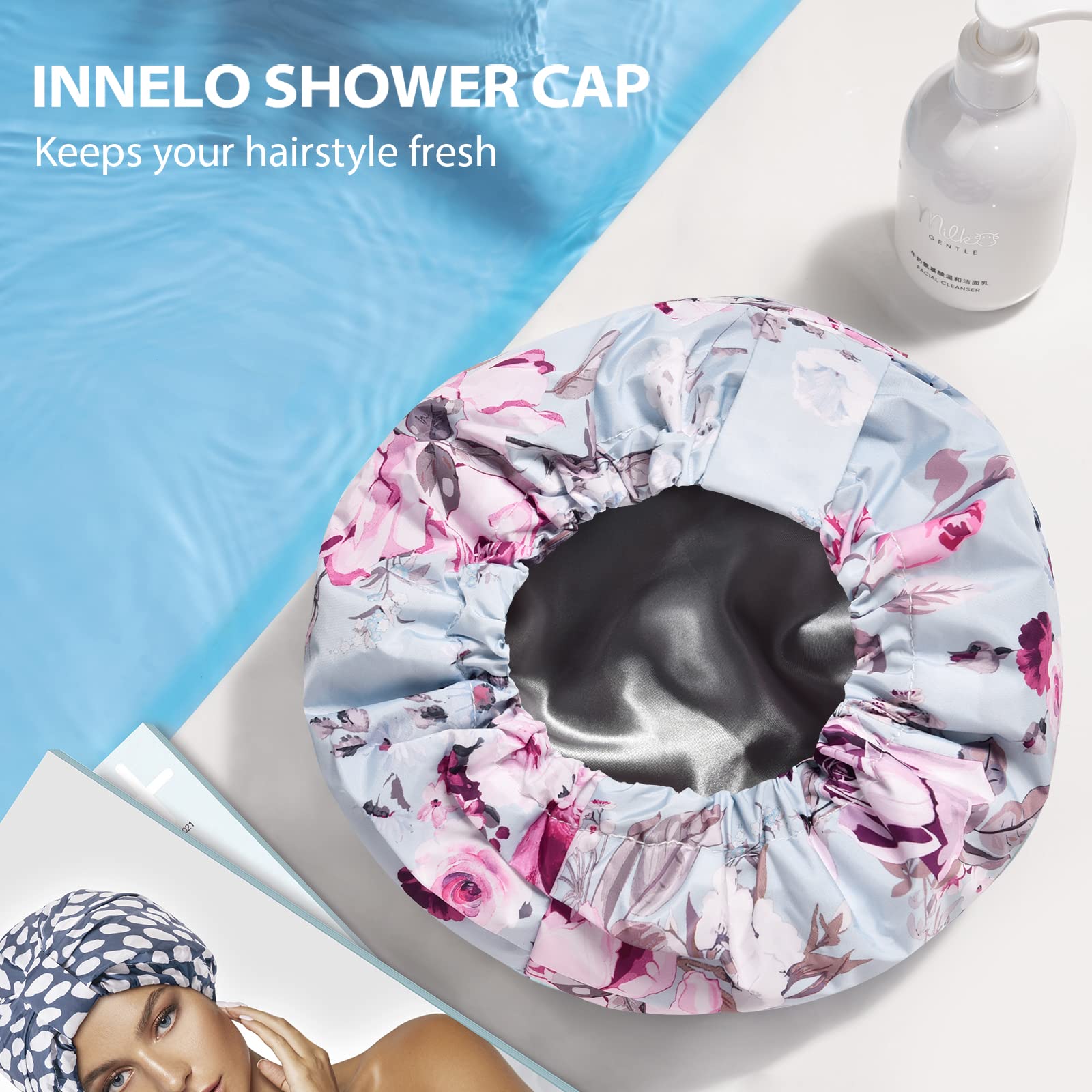 INNELO capuche douche bleu-fleurs: cadeau chic pour soin des cheveux et voyages