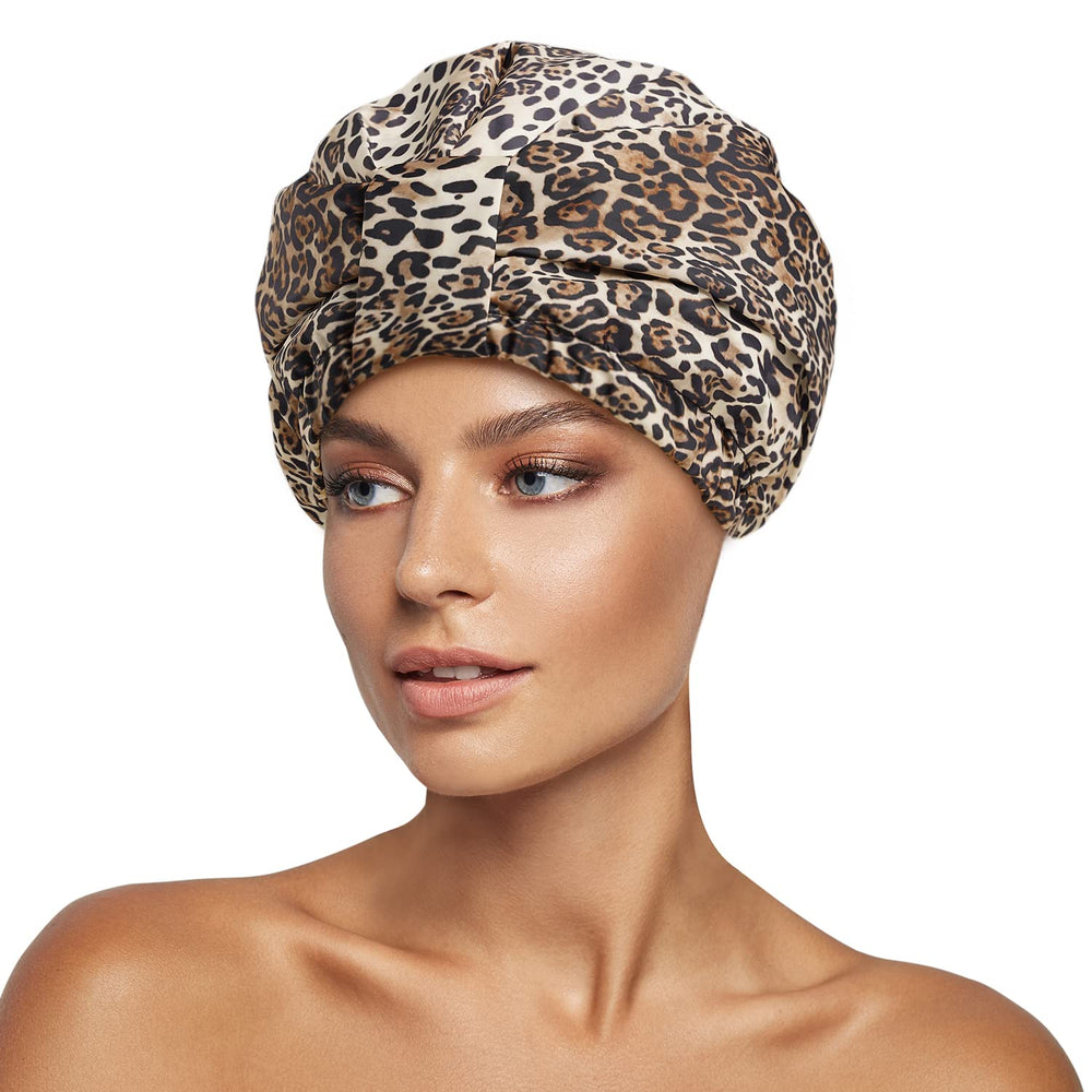 INNELO leopard-pattern shower cap keeps hair dry during showers