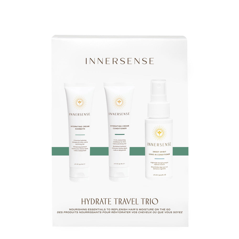 Trousse compacte INNERSENSE pour routine capillaire en déplacement.