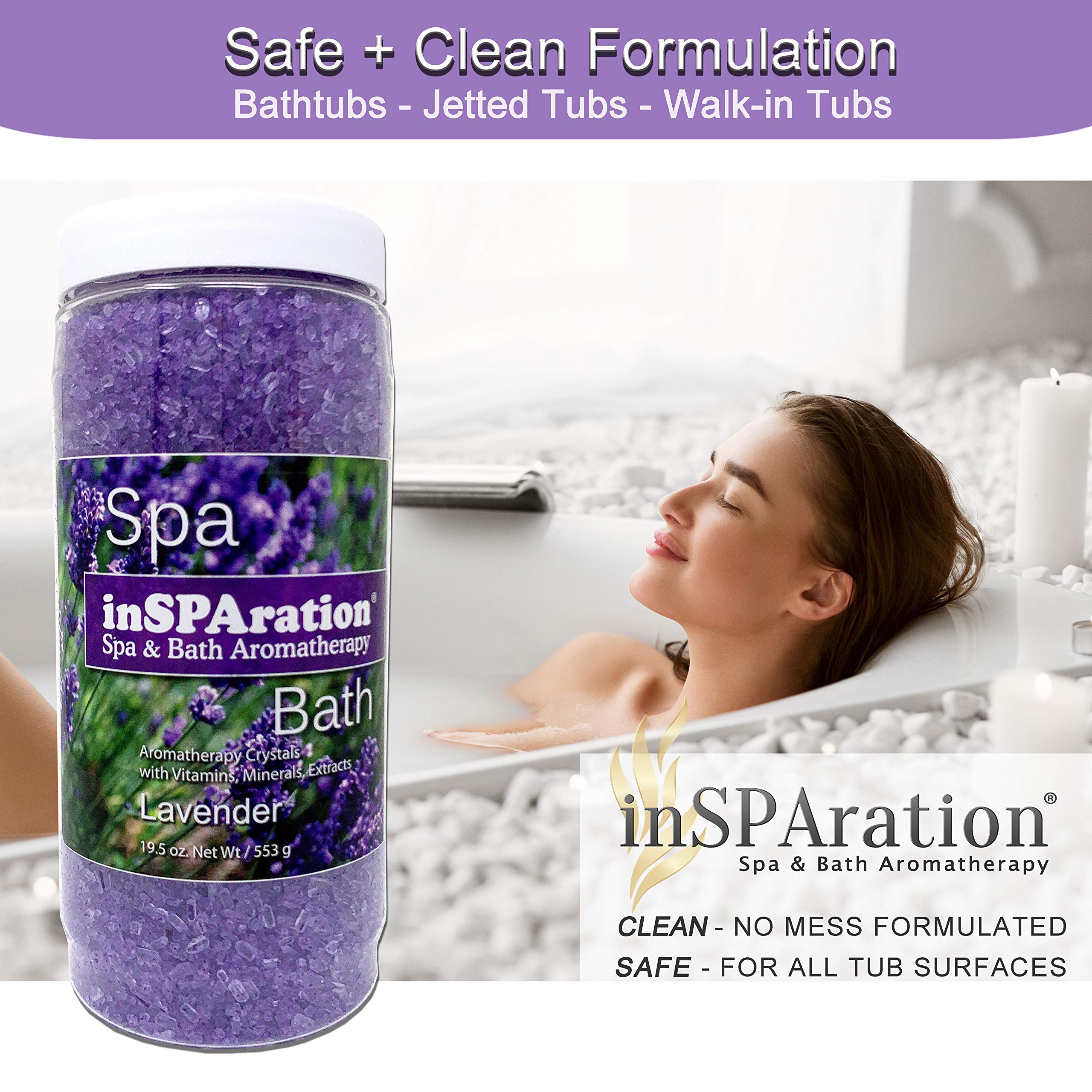 InSPAration cristaux spa lavande-remous : neutralise les odeurs chimiques sans taches.