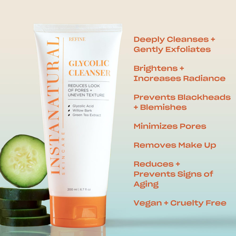 InstaNatural nettoyant glycolique – pores minimes visibles après utilisation