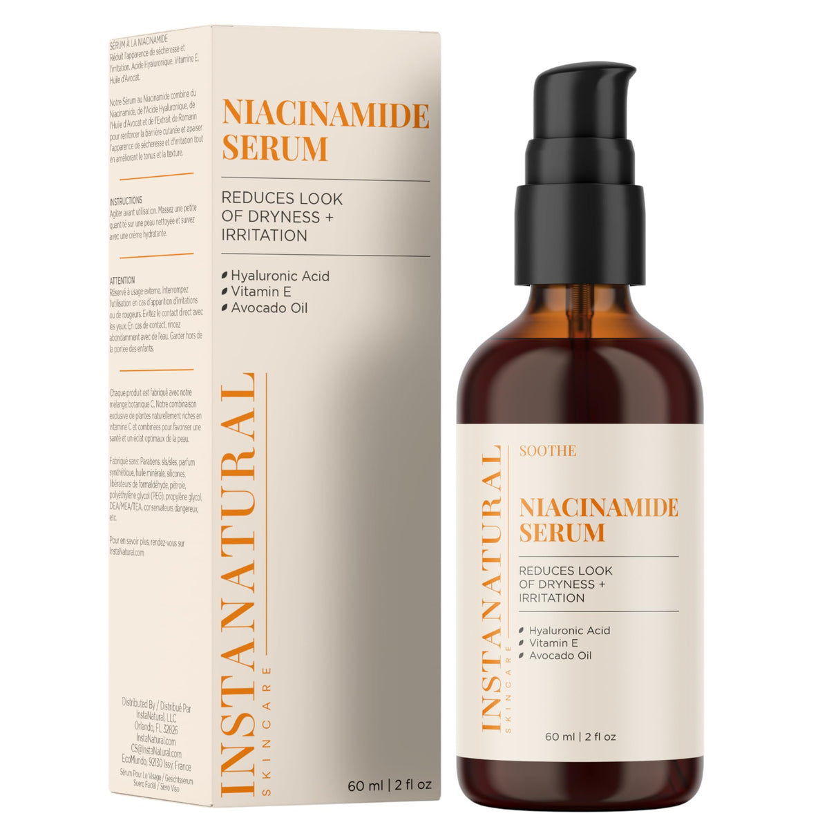 InstaNatural Niacinamide Sérum - Flacon, hydratation et éclat quotidien.
